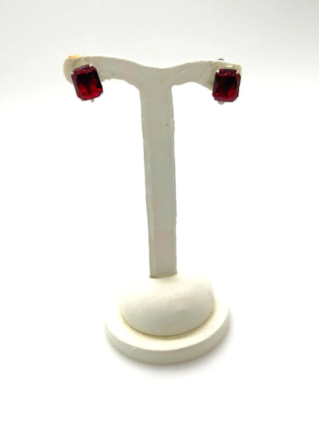 Vintage Ruby Red Glass Sterling Silver Solitaire Earrings