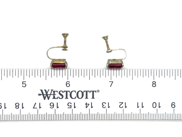 Vintage Ruby Red Glass Sterling Silver Solitaire Earrings