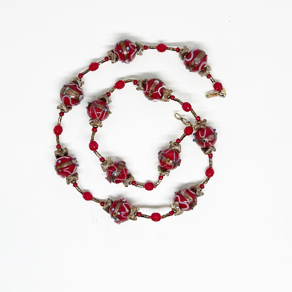 Vintage Red Wedding Cake Bead Necklace "So Gorgeous" - Handmade Venetian beads with vibrant hues and delicate floral motifs. Features gold accents and free shipping. Shop now!