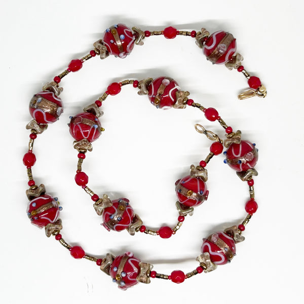 Vintage Red Wedding Cake Bead Necklace "So Gorgeous" - Handmade Venetian beads with vibrant hues and delicate floral motifs. Features gold accents and free shipping. Shop now!