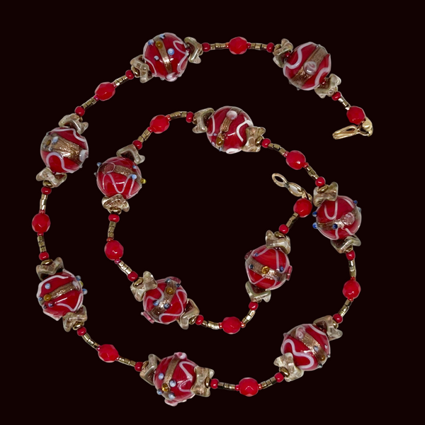 Vintage Red Wedding Cake Bead Necklace "So Gorgeous" - Handmade Venetian beads with vibrant hues and delicate floral motifs. Features gold accents and free shipping. Shop now!