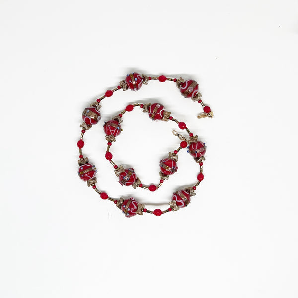 Vintage Red Wedding Cake Bead Necklace "So Gorgeous" - Handmade Venetian beads with vibrant hues and delicate floral motifs. Features gold accents and free shipping. Shop now!