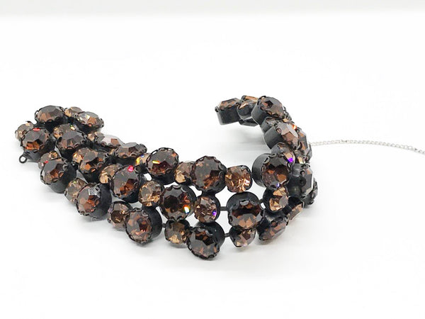 Vintage Mid-Century Multi-Row Smoky Topaz Rhinestone Statement Bracelet