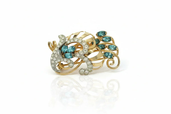 Charles Reis 12k Gold Filled Brooch Pin/Pendant with Clear and Blue Rhinestones