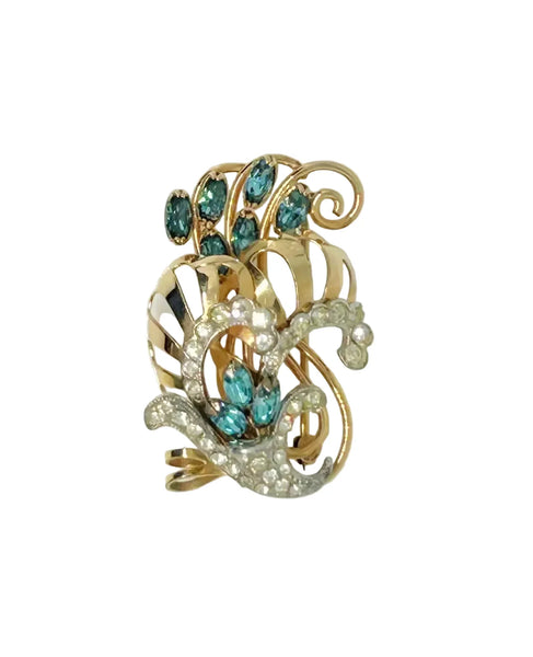 Charles Reis 12k Gold Filled Brooch Pin/Pendant with Clear and Blue Rhinestones
