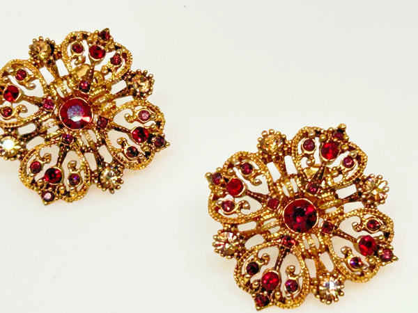Delicately Filigreed Vintage Earrings with Scarlet and Black Stones