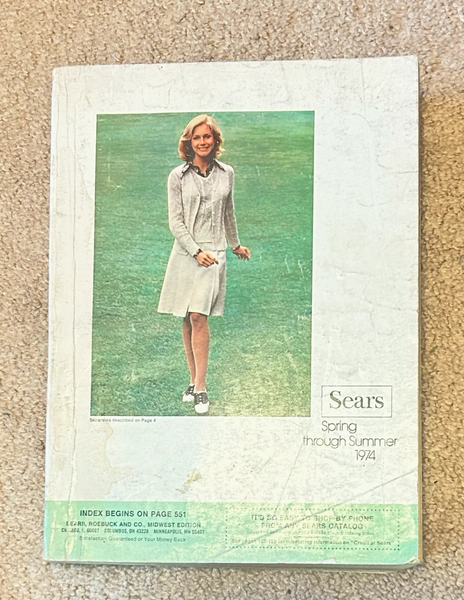 Buckle up for a wild ride through 1974 with this gloriously thick Sears catalog—all 1427 pages of it! This spring-to-summer edition is basically a time machine disguised as a shopping guide, packed with the most wonderfully outrageous fashions, furniture, and gadgets that defined the decade