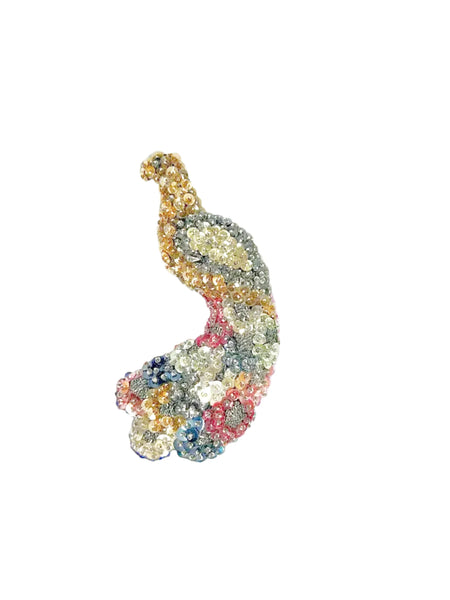This stunning large peacock brooch showcases an exquisite array of multi-colored sequins in vibrant shades of blue, red, gold, pink, and more, capturing the eye with its lively palette. Meticulously handmade on a sturdy black felt backing, it highlights exceptional craftsmanship and attention to detail.