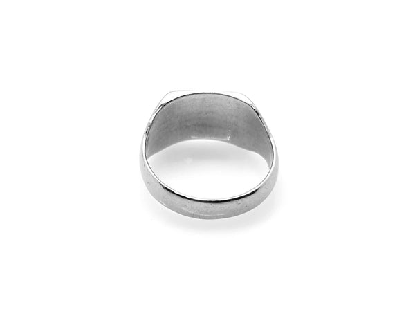 A polished silver-toned metal ring with a wide, rounded band, shown on a plain white background.