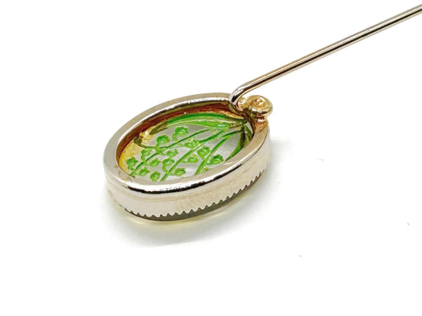 Perfect for vintage lovers: our "Lily of the Valley" Antique Essex Crystal Reverse Intaglio Stickpin provides exquisite floral artistry. Shop today!