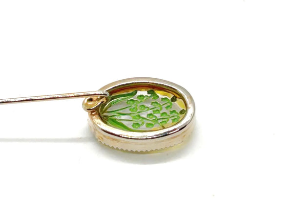 Perfect for vintage lovers: our "Lily of the Valley" Antique Essex Crystal Reverse Intaglio Stickpin provides exquisite floral artistry. Shop today!