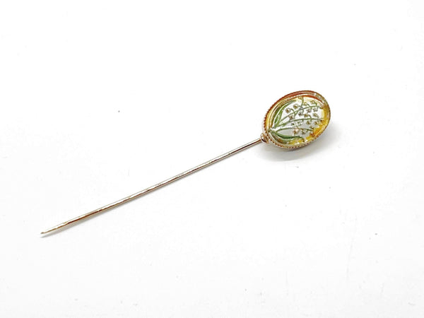 Perfect for vintage lovers: our "Lily of the Valley" Antique Essex Crystal Reverse Intaglio Stickpin provides exquisite floral artistry. Shop today!