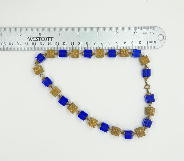Stunning Antique Blue Glass and Brass Beads Necklace - Lamoree’s Vintage