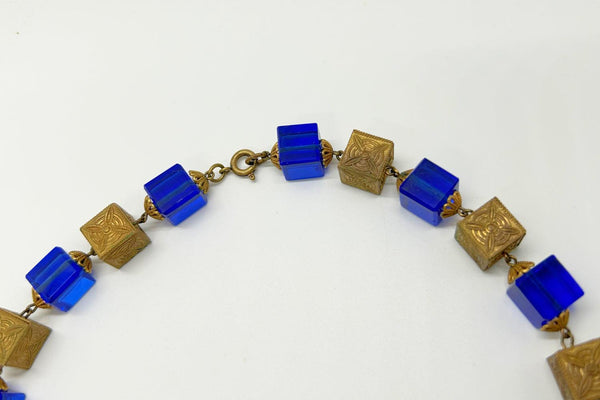 Stunning Antique Blue Glass and Brass Beads Necklace - Lamoree’s Vintage