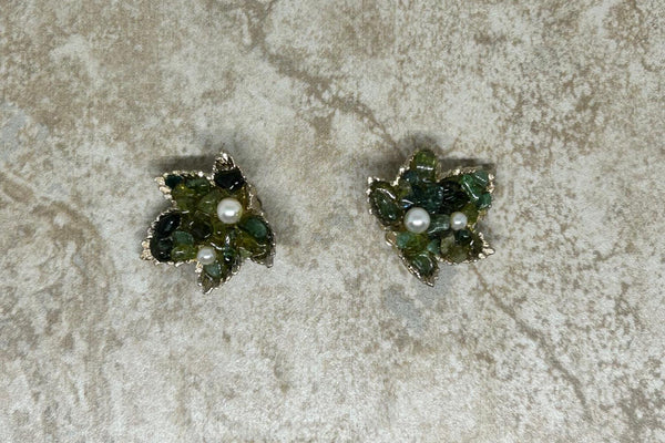 Swoboda Jade Green Leaf and Pearl Clip Earrings - Lamoree’s Vintage