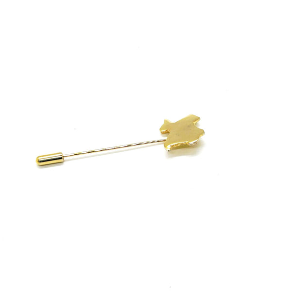 Gold-tone Texas state-shaped stickpin from the 1970s, featuring a polished silhouette mounted on a secure needle with protective clutch. Measures 2.5" excluding cap. Vintage lapel pin or tie tack perfect for adding Texas pride to any outfit.