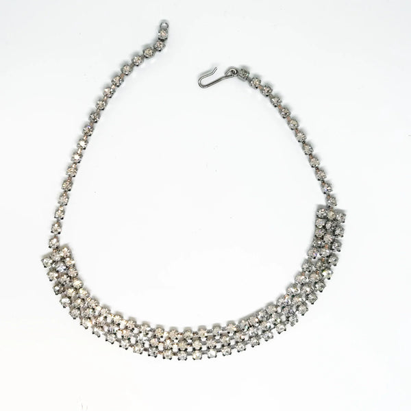Classic Vintage Three Row Rhinestone Choker: Perfect for an evening out or formal event. Features three rows of radiant prong-set stones. Shop now!