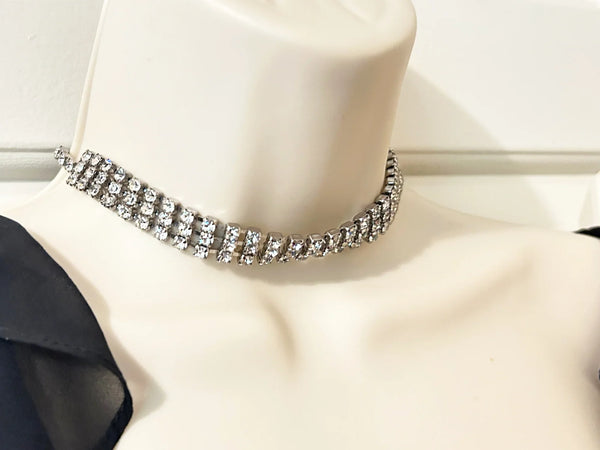 Classic Vintage Three Row Rhinestone Choker: Perfect for an evening out or formal event. Features three rows of radiant prong-set stones. Shop now!