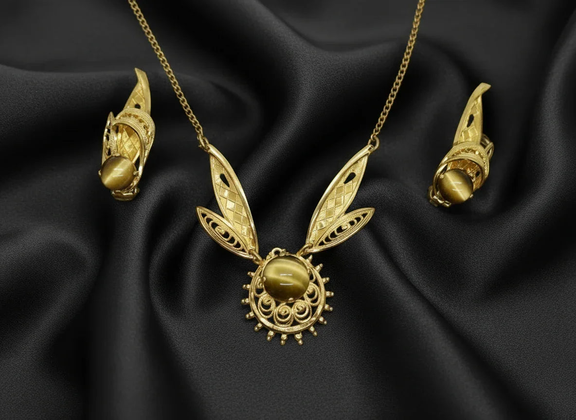 Perfect for vintage filigree jewelry lovers: our Vintage Germany Filigree and Art Glass Necklace and Earring Set provides elegant, glamorous style. Shop today!