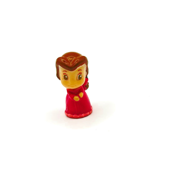 Vintage Disney Princess Squinkies Beauty and the Beast miniature figurine lot of 6. Includes mini squishy figures of Philippe the horse, Lumiere, Cogsworth, blue dress peasant Belle, pink winter dress Belle, and the Enchanted Rose under a cloche dome