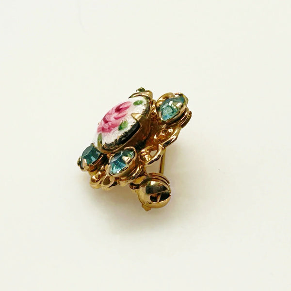 Tiny Round Scatter Pin With a Pink Rose and Blue Rhinestones