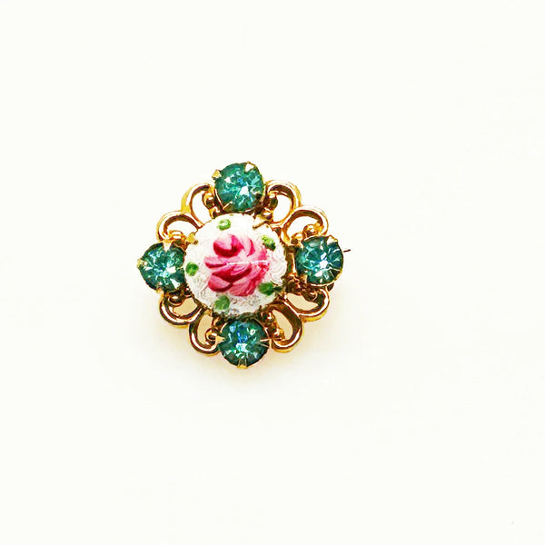 Tiny Round Scatter Pin With a Pink Rose and Blue Rhinestones