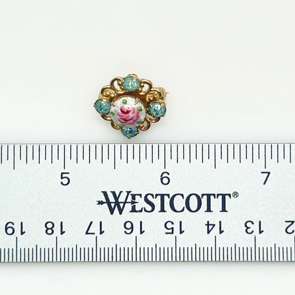 Tiny Round Scatter Pin With a Pink Rose and Blue Rhinestones