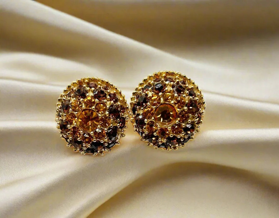 Vintage Round Golden Rhinestone Earrings