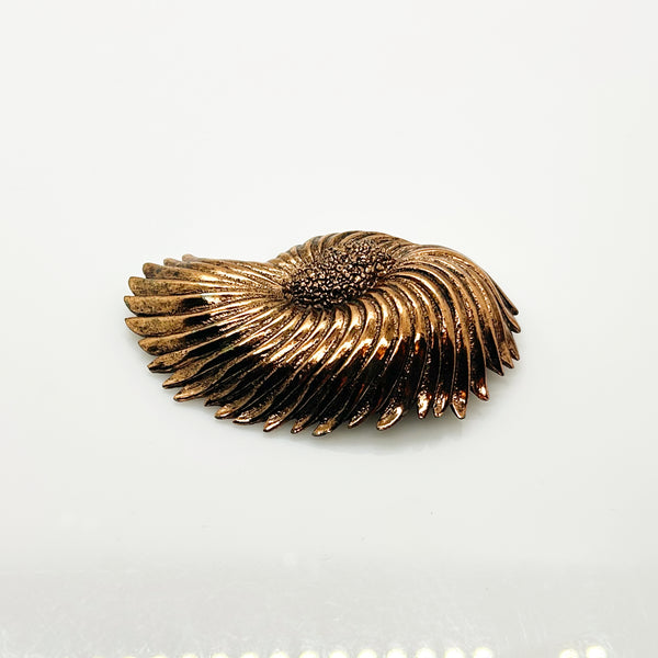 Vintage Tortolani copper-toned shell brooch featuring a textured, swirling modernist design reminiscent of a nautilus shell with a central cluster of dense, nugget-like details against a solid white background