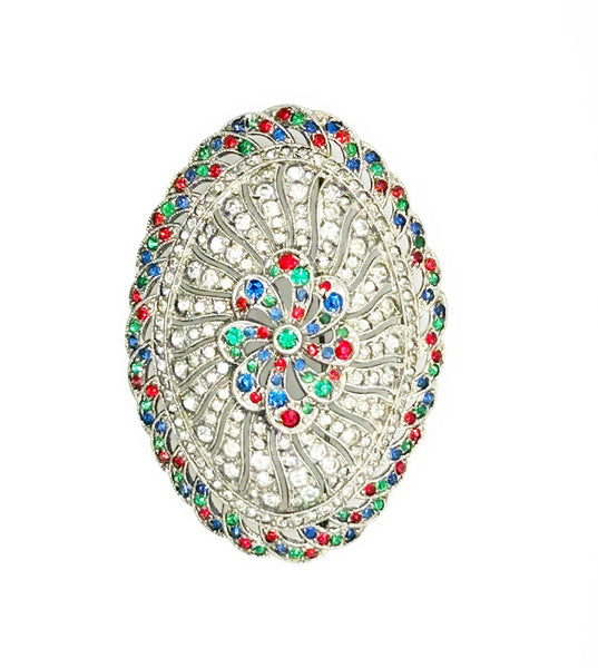 Vintage Edwardian Style Oval Brooch with Glittering Colored Stones
