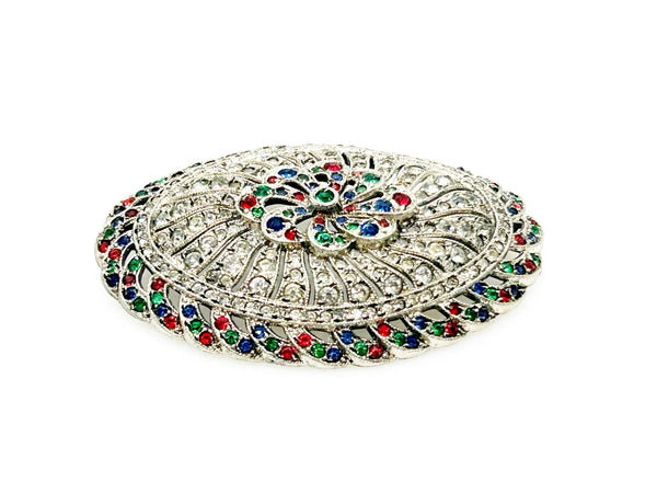 Vintage Edwardian Style Oval Brooch with Glittering Colored Stones