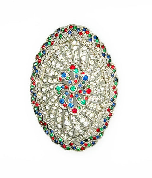 Vintage Edwardian Style Oval Brooch with Glittering Colored Stones