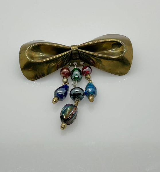 Vintage 1930s Brass Bow with Colored Glass Dangles - Lamoree’s Vintage