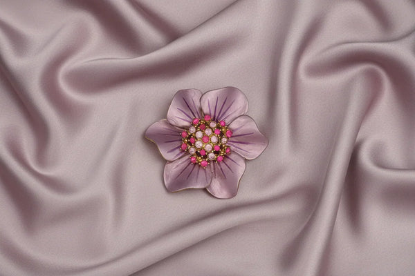 Vintage 1960's Enameled Pink Floral Rhinestone Brooch