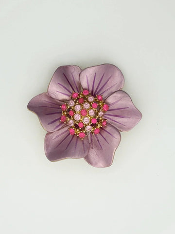 Vintage 1960's Enameled Pink Floral Rhinestone Brooch - Lamoree’s Vintage