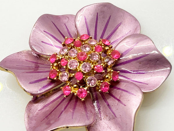 Vintage 1960's Enameled Pink Floral Rhinestone Brooch - Lamoree’s Vintage