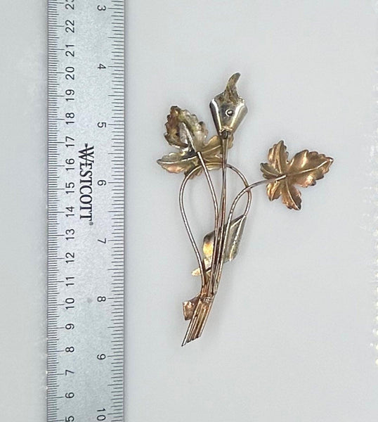 Vintage 4.25" Tall Leafy Floral Pin with Green Stones - Lamoree’s Vintage