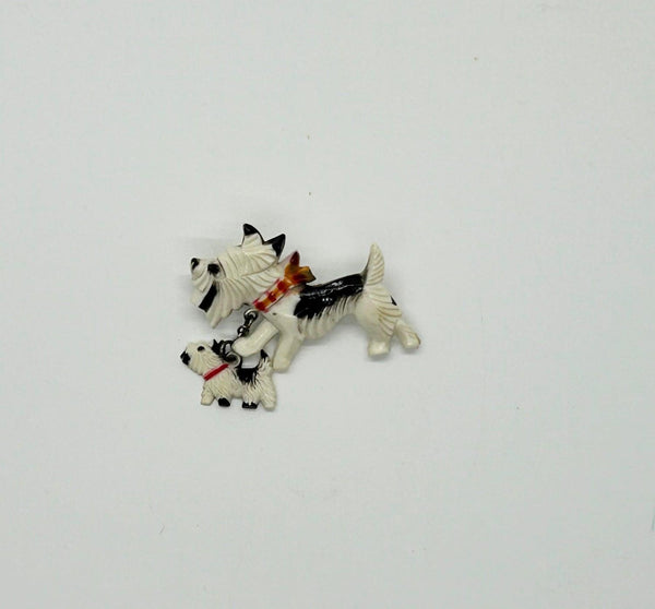 Vintage Celluloid White and Black Terrier and Puppy Pin - Lamoree’s Vintage