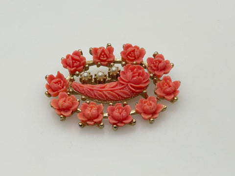Vintage Coral Colored Thermoset Floral Brooch - Lamoree’s Vintage