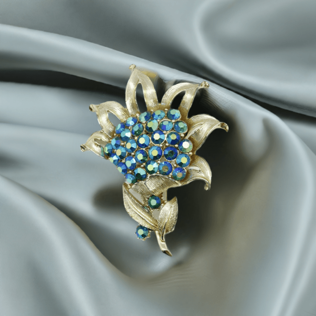 Vintage Coro Floral Brooch with Iridescent Blue Stones - Lamoree’s Vintage
