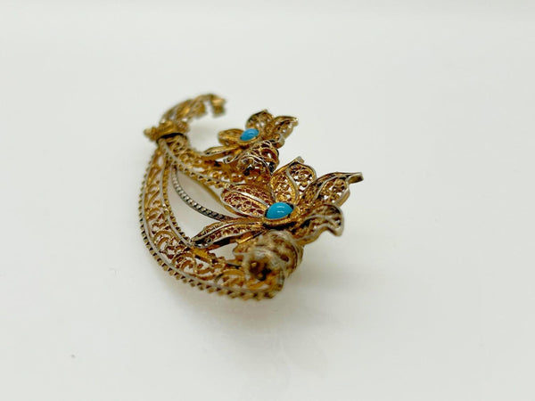 Vintage European Gilt Filigree, Silver and Turquoise Bouquet Brooch - Lamoree’s Vintage