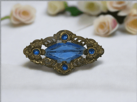 Vintage Filigree Victorian Brooch with Blue Stones - Lamoree’s Vintage