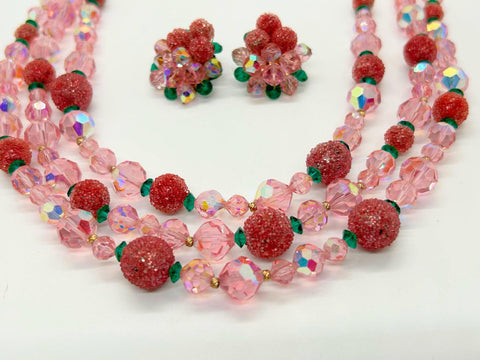 Vintage Glamour in Pink, Red and Green Glittering Necklace and Earrings Set - Lamoree’s Vintage