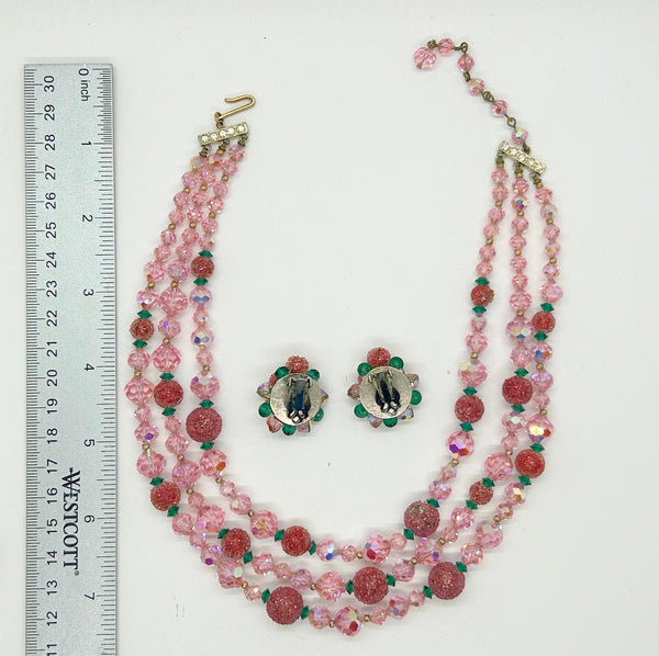 Vintage Glamour in Pink, Red and Green Glittering Necklace and Earrings Set - Lamoree’s Vintage