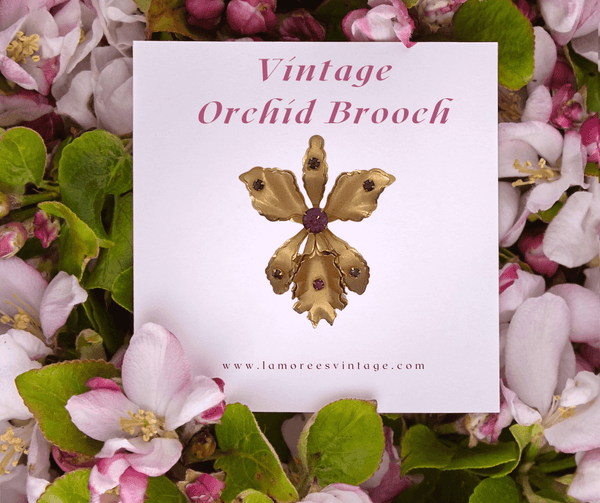 Vintage Orchid Brooch Studded with Purple Rhinestones - Lamoree’s Vintage