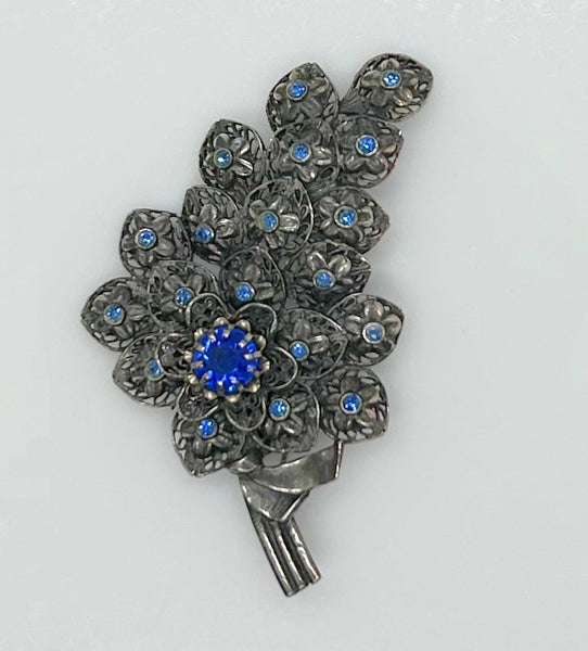 Vintage Pewter Tone Blue Rhinestone Floral Brooch - Lamoree’s Vintage