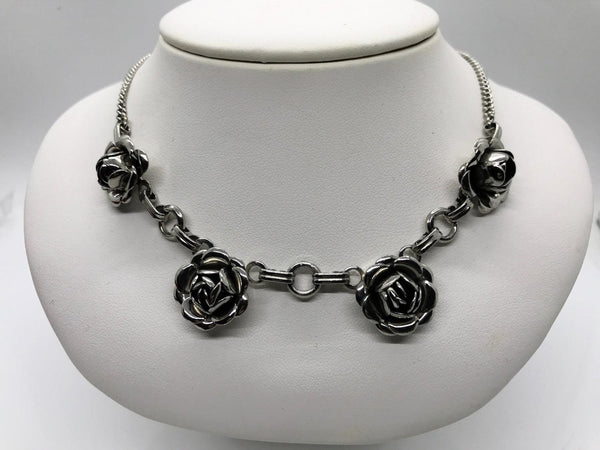Vintage Pretty Silver Tone Rose Necklace - Lamoree’s Vintage