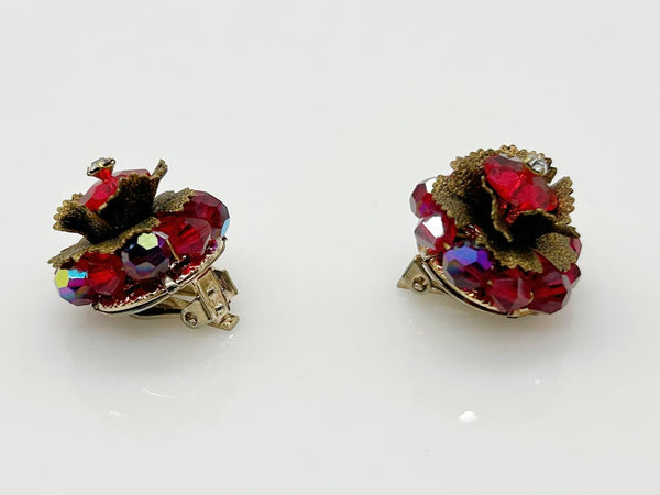 Vintage Red Faceted Red Stone Floral Brooch and Earring Set - Lamoree’s Vintage