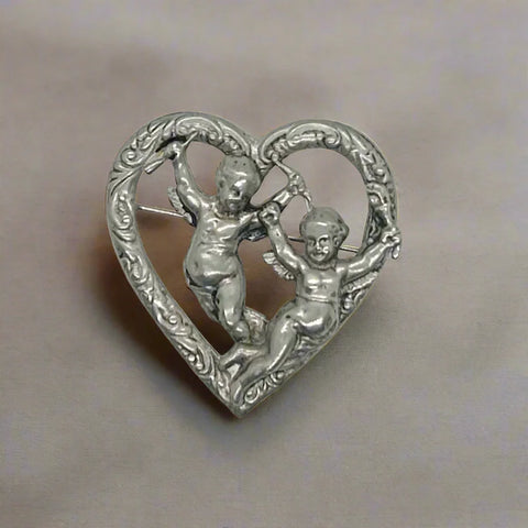 Vintage Renaissance Revival Heart Brooch With Cherubs