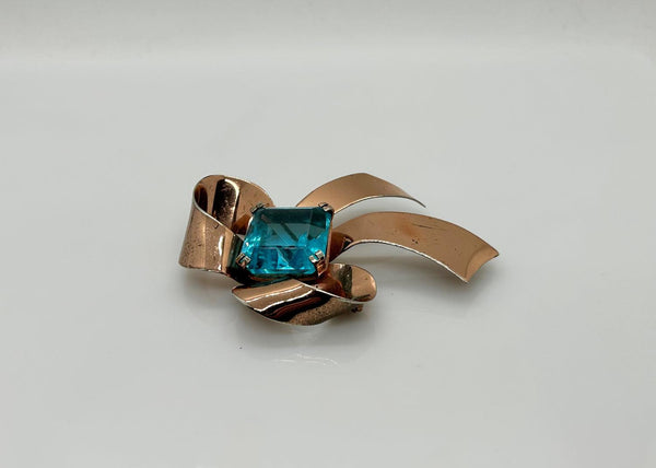 Vintage Sterling Bow Brooch with Large Square Aqua Blue Stone - Lamoree’s Vintage